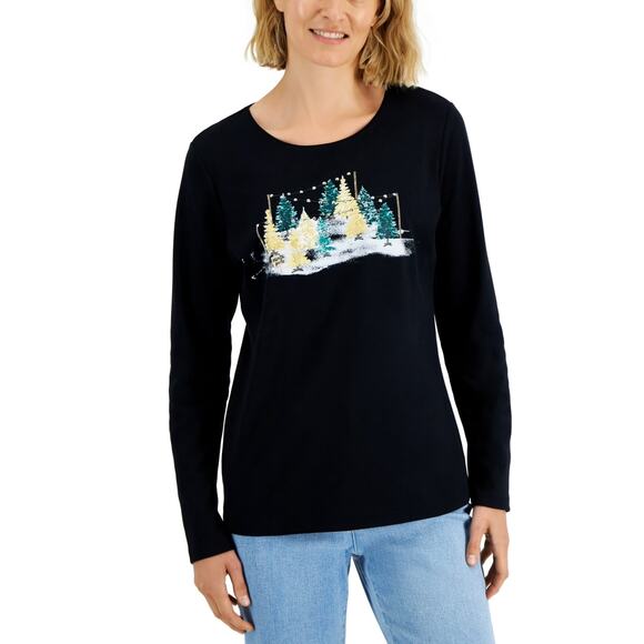 Karen Scott Christmas Tree Holiday Long Sleeve T Shirt Black | Women's S - Picture 1 of 9